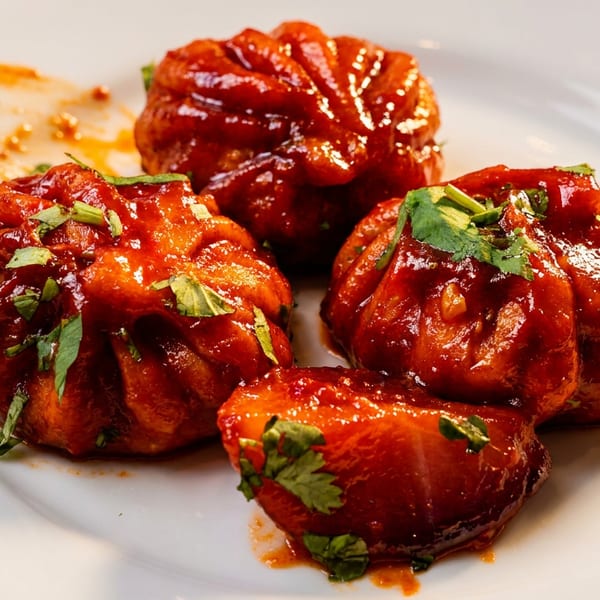 Four glossy red dumplings covered in spicy sauce and cilantro on a white plate.
